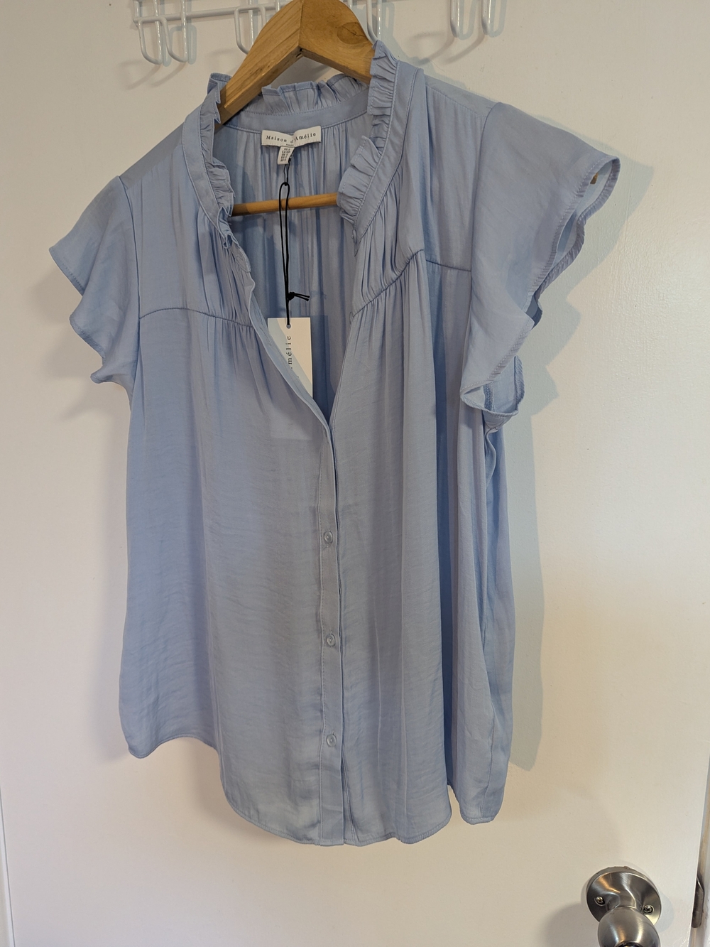 Wilfred Light Blue Ruffle Collar Flutter Sleeve Button-Front Blouse
